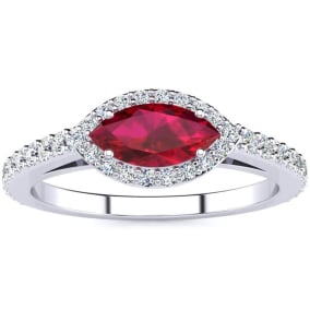 1 Carat Marquise Shape Ruby and Halo Diamond Ring In 14 Karat White Gold