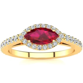 Retrograde Birthstones™ 1 Carat Marquise Shape Ruby and Halo Diamond Ring In 14 Karat Yellow Gold