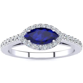 Retrograde Birthstones™ 1 Carat Marquise Shape Sapphire and Halo Diamond Ring In 14 Karat White Gold