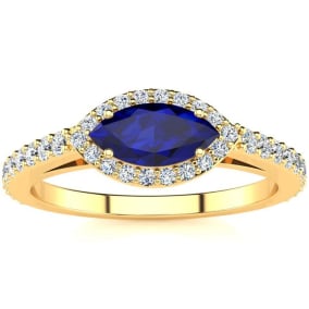 Retrograde Birthstones™ 1 Carat Marquise Shape Sapphire and Halo Diamond Ring In 14 Karat Yellow Gold