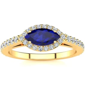 1 Carat Marquise Shape Sapphire and Halo Diamond Ring In 14 Karat Yellow Gold