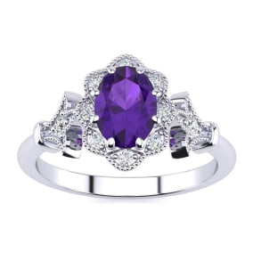 3/4 Carat Oval Shape Amethyst and Halo Diamond Vintage Ring In 14 Karat White Gold