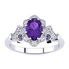 Retrograde Birthstones™ 3/4 Carat Oval Shape Amethyst and Halo Diamond Vintage Ring In 14 Karat White Gold