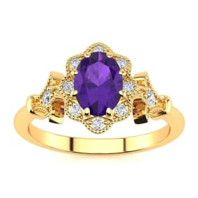Retrograde Birthstones™ 3/4 Carat Oval Shape Amethyst and Halo Diamond Vintage Ring In 14 Karat Yellow Gold