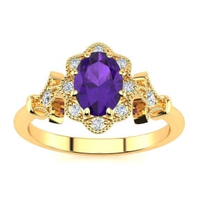 3/4 Carat Oval Shape Amethyst and Halo Diamond Vintage Ring In 14 Karat Yellow Gold