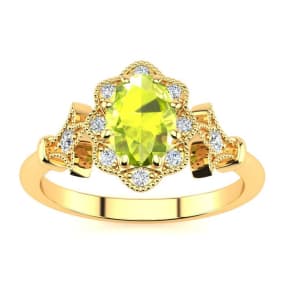Retrograde Birthstones™ 1 Carat Oval Shape Peridot and Halo Diamond Vintage Ring In 14 Karat Yellow Gold