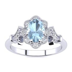 Aquamarine Ring: Aquamarine Jewelry: 1 Carat Oval Shape Aquamarine and Halo Diamond Vintage Ring In 14 Karat White Gold