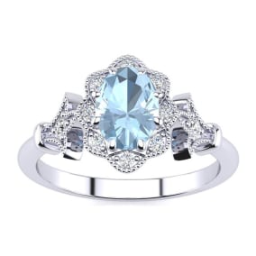 Retrograde Birthstones™ 1 Carat Oval Shape Aquamarine and Halo Diamond Vintage Ring In 14 Karat White Gold