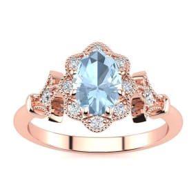 Aquamarine Ring: Aquamarine Jewelry: 1 Carat Oval Shape Aquamarine and Halo Diamond Vintage Ring In 14 Karat Rose Gold