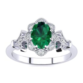 1 Carat Oval Shape Emerald and Halo Diamond Vintage Ring In 14 Karat White Gold