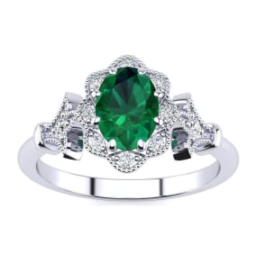 Retrograde Birthstones™ 1 Carat Oval Shape Emerald and Halo Diamond Vintage Ring In 14 Karat White Gold