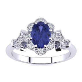 Retrograde Birthstones™ 1 Carat Oval Shape Tanzanite and Halo Diamond Vintage Ring In 14 Karat White Gold