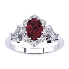 Retrograde Birthstones™ 1 Carat Oval Shape Garnet and Halo Diamond Vintage Ring In 14 Karat White Gold
