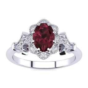 Garnet Ring: Garnet Jewelry: 1 Carat Oval Shape Garnet and Halo Diamond Vintage Ring In 14 Karat White Gold