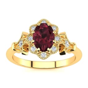 Garnet Ring: Garnet Jewelry: 1 Carat Oval Shape Garnet and Halo Diamond Vintage Ring In 14 Karat Yellow Gold
