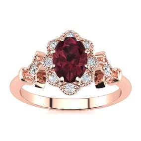 Garnet Ring: Garnet Jewelry: 1 Carat Oval Shape Garnet and Halo Diamond Vintage Ring In 14 Karat Rose Gold