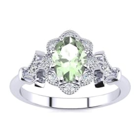 Retrograde Birthstones™ 3/4 Carat Oval Shape Green Amethyst and Halo Diamond Vintage Ring In 14 Karat White Gold