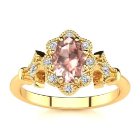 Retrograde Birthstones™ 1 Carat Oval Shape Morganite and Halo Diamond Vintage Ring In 14 Karat Yellow Gold