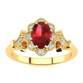 1 Carat Oval Shape Ruby and Halo Diamond Vintage Ring In 14 Karat Yellow Gold