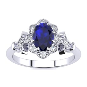 Retrograde Birthstones™ 1 Carat Oval Shape Sapphire and Halo Diamond Vintage Ring In 14 Karat White Gold