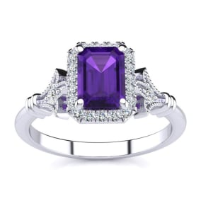 Retrograde Birthstones™ 1 Carat Amethyst and Halo Diamond Vintage Ring In 14 Karat White Gold