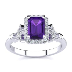 1 Carat Amethyst and Halo Diamond Vintage Ring In 14 Karat White Gold