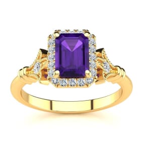 Retrograde Birthstones™ 1 Carat Amethyst and Halo Diamond Vintage Ring In 14 Karat Yellow Gold