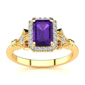 1 Carat Amethyst and Halo Diamond Vintage Ring In 14 Karat Yellow Gold