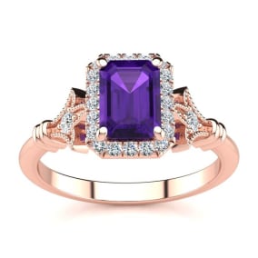 1 Carat Amethyst and Halo Diamond Vintage Ring In 14 Karat Rose Gold