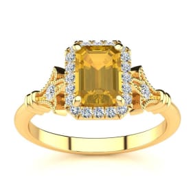 1 Carat Citrine and Halo Diamond Vintage Ring In 14 Karat Yellow Gold