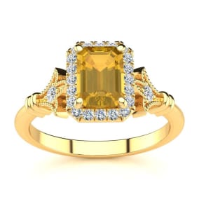 Retrograde Birthstones™ 1 Carat Citrine and Halo Diamond Vintage Ring In 14 Karat Yellow Gold