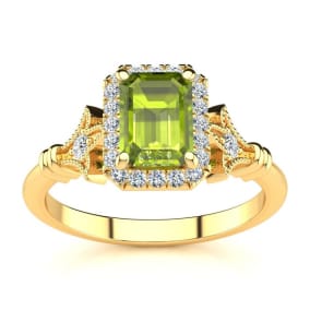 Retrograde Birthstones™ 1 1/2 Carat Peridot and Halo Diamond Vintage Ring In 14 Karat Yellow Gold