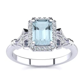 Aquamarine Ring: Aquamarine Jewelry: 1 Carat Aquamarine and Halo Diamond Vintage Ring In 14 Karat White Gold