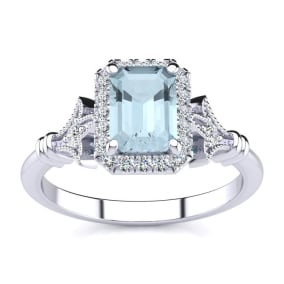 Retrograde Birthstones™ 1 Carat Aquamarine and Halo Diamond Vintage Ring In 14 Karat White Gold