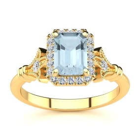 Aquamarine Ring: Aquamarine Jewelry: 1 Carat Aquamarine and Halo Diamond Vintage Ring In 14 Karat Yellow Gold