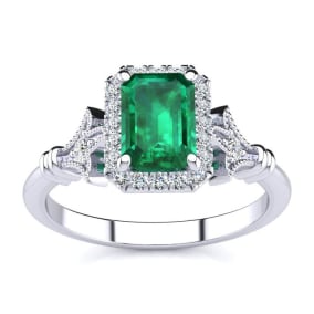Retrograde Birthstones™ 1 Carat Emerald and Halo Diamond Vintage Ring In 14 Karat White Gold