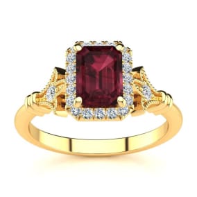 Garnet Ring: Garnet Jewelry: 1 1/2 Carat Garnet and Halo Diamond Vintage Ring In 14 Karat Yellow Gold