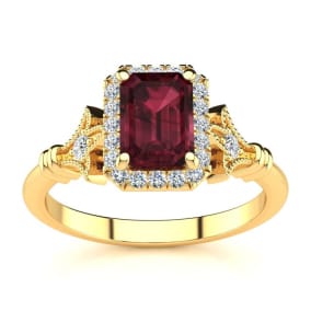 Retrograde Birthstones™ 1 1/2 Carat Garnet and Halo Diamond Vintage Ring In 14 Karat Yellow Gold