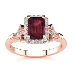 Garnet Ring: Garnet Jewelry: 1 1/2 Carat Garnet and Halo Diamond Vintage Ring In 14 Karat Rose Gold