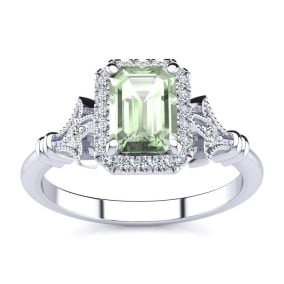 Retrograde Birthstones™ 1 Carat Green Amethyst and Halo Diamond Vintage Ring In 14 Karat White Gold