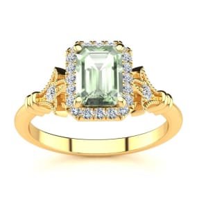 Retrograde Birthstones™ 1 Carat Green Amethyst and Halo Diamond Vintage Ring In 14 Karat Yellow Gold