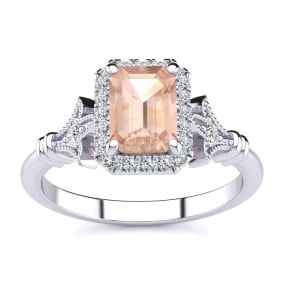 Retrograde Birthstones™ 1 Carat Morganite and Halo Diamond Vintage Ring In 14 Karat White Gold
