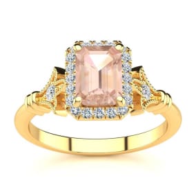 Retrograde Birthstones™ 1 Carat Morganite and Halo Diamond Vintage Ring In 14 Karat Yellow Gold