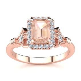 1 Carat Morganite and Halo Diamond Vintage Ring In 14 Karat Rose Gold
