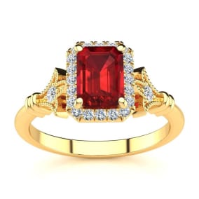 1 1/4 Carat Ruby and Halo Diamond Vintage Ring In 14 Karat Yellow Gold