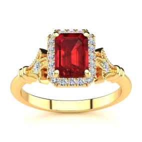 Retrograde Birthstones™ 1 1/4 Carat Ruby and Halo Diamond Vintage Ring In 14 Karat Yellow Gold