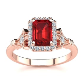 1 1/4 Carat Ruby and Halo Diamond Vintage Ring In 14 Karat Rose Gold