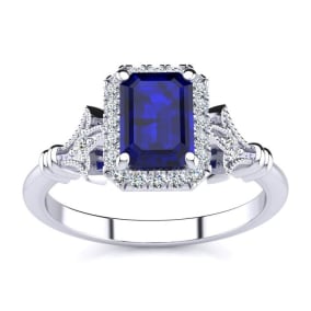 1 1/2 Carat Sapphire and Halo Diamond Vintage Ring In 14 Karat White Gold