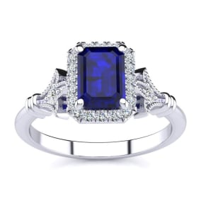 Retrograde Birthstones™ 1 1/2 Carat Sapphire and Halo Diamond Vintage Ring In 14 Karat White Gold