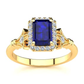 Retrograde Birthstones™ 1 1/2 Carat Sapphire and Halo Diamond Vintage Ring In 14 Karat Yellow Gold